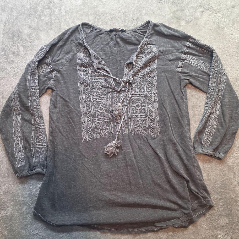 Lucky Brand Blouse Womens S Gray Embroidered Boho Tassel Tunic Top Long Sleeve
